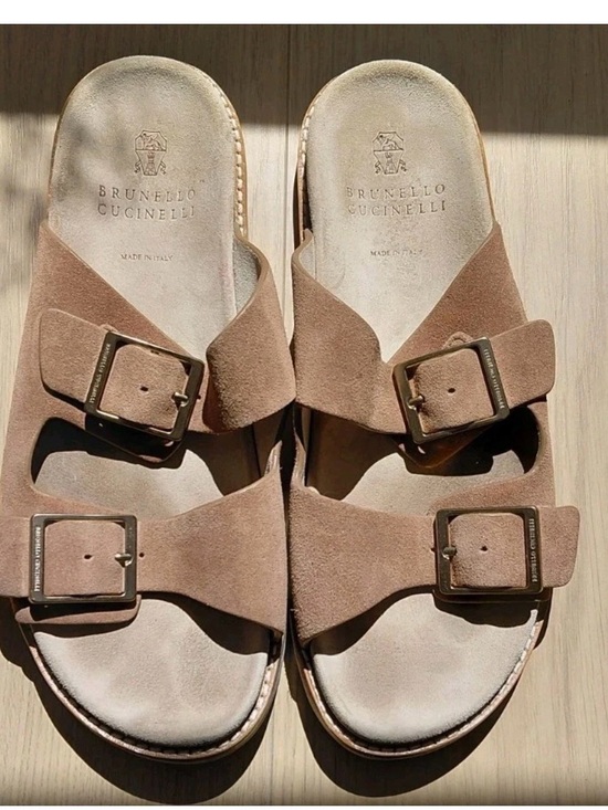 Brunello Cucinelli Other - Brunello Cucinelli Taupe Suede Double-Buckle Slide Sandals